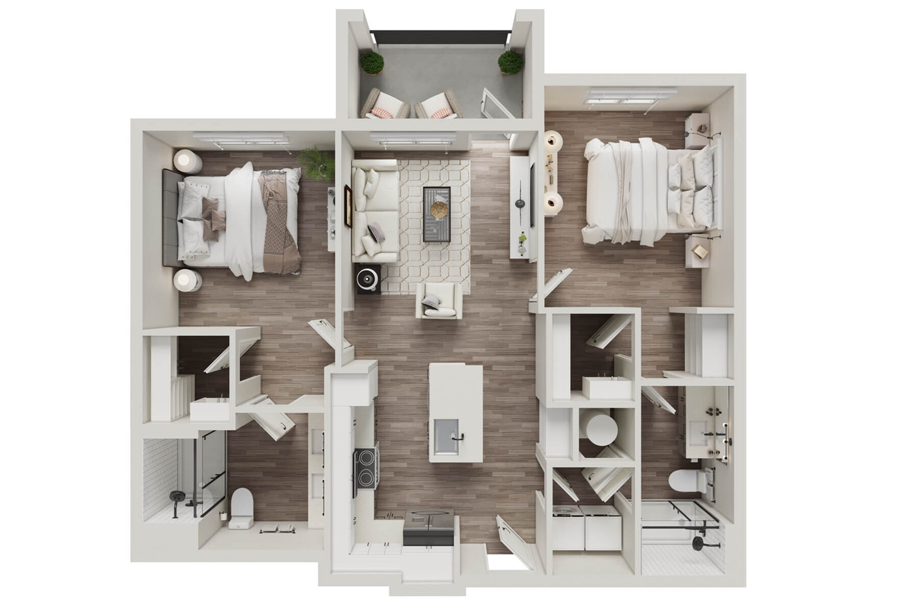 Chic floor plan showcasing 2 modern bedrooms, open living area with balcony, and sleek kitchen design.