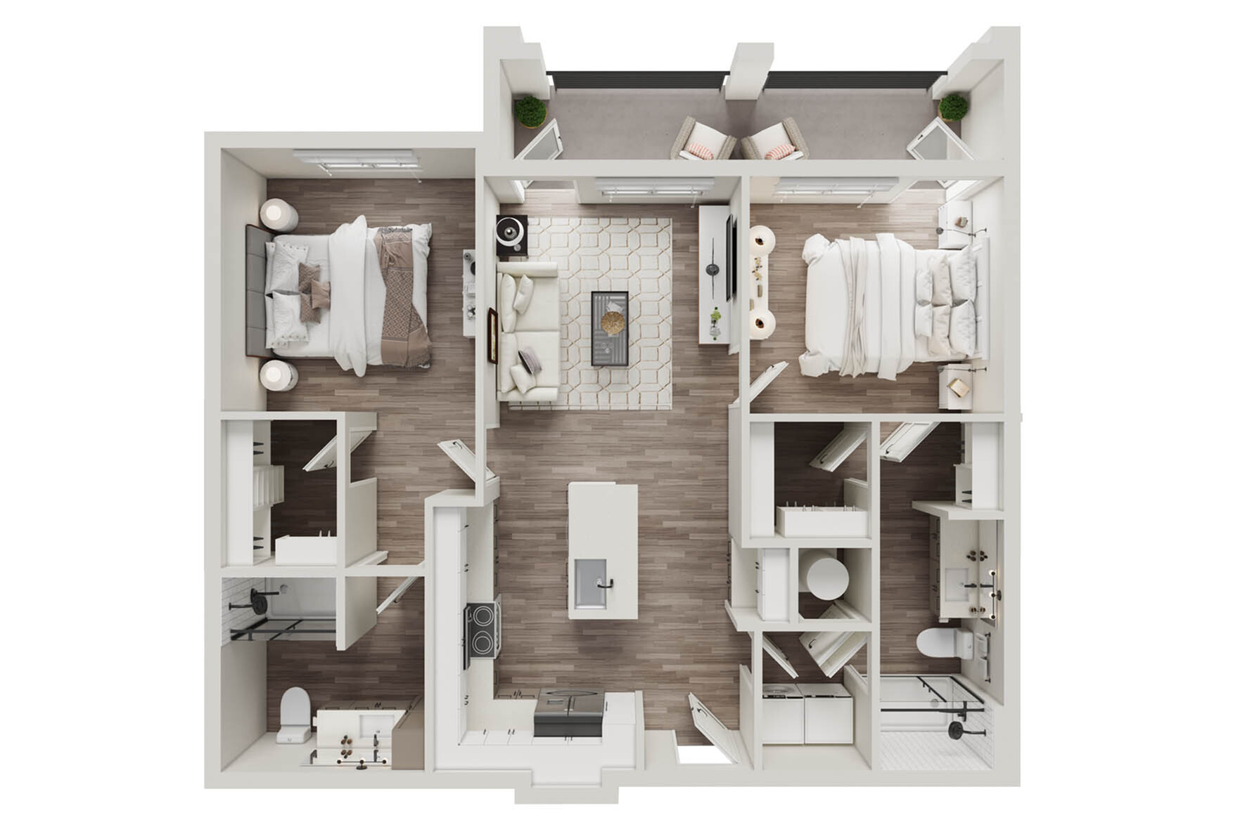 Modern 3D floor plan showcasing 2 spacious bedrooms, open-concept living room, and kitchen with sleek island bar, ideal for stylish living.