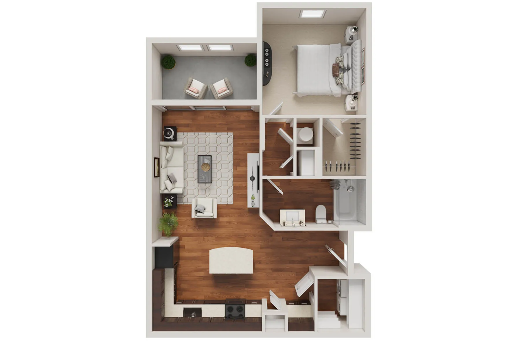 Modern 1-bedroom apartment floor plan featuring an open living area, sleek kitchen, and private balcony.
