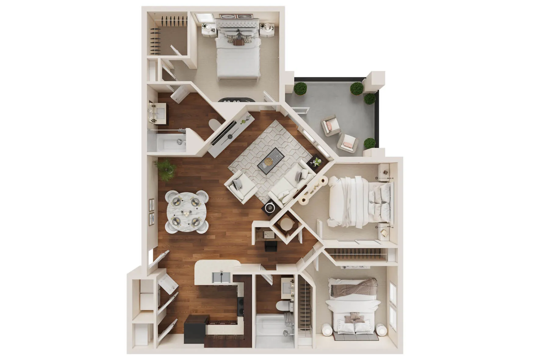 Modern 3D floor plan showcasing 3 bedrooms, an elegant open-plan living area, gourmet kitchen, and cozy balcony with greenery.