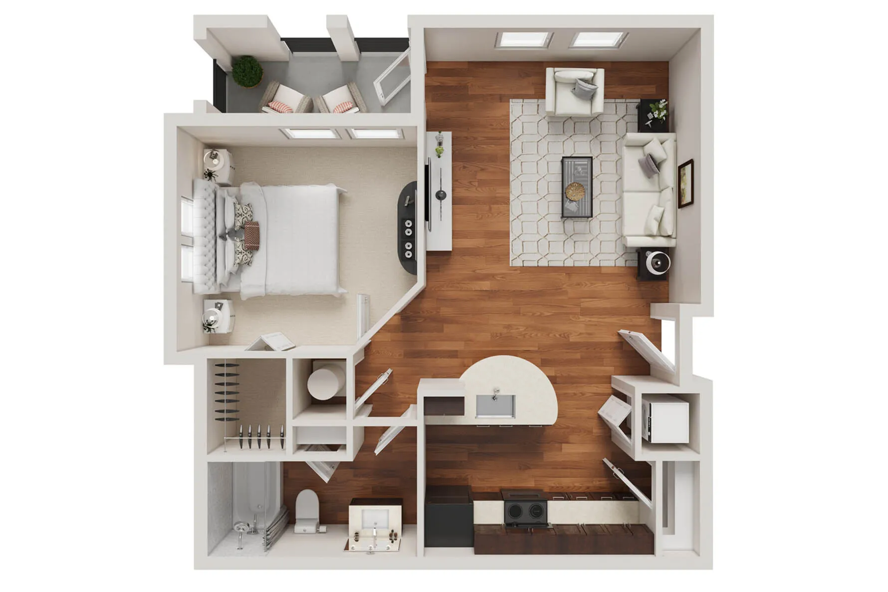 Modern 3D floor plan featuring a spacious one-bedroom apartment with an open-concept living area, stylish kitchen, and cozy balcony.
