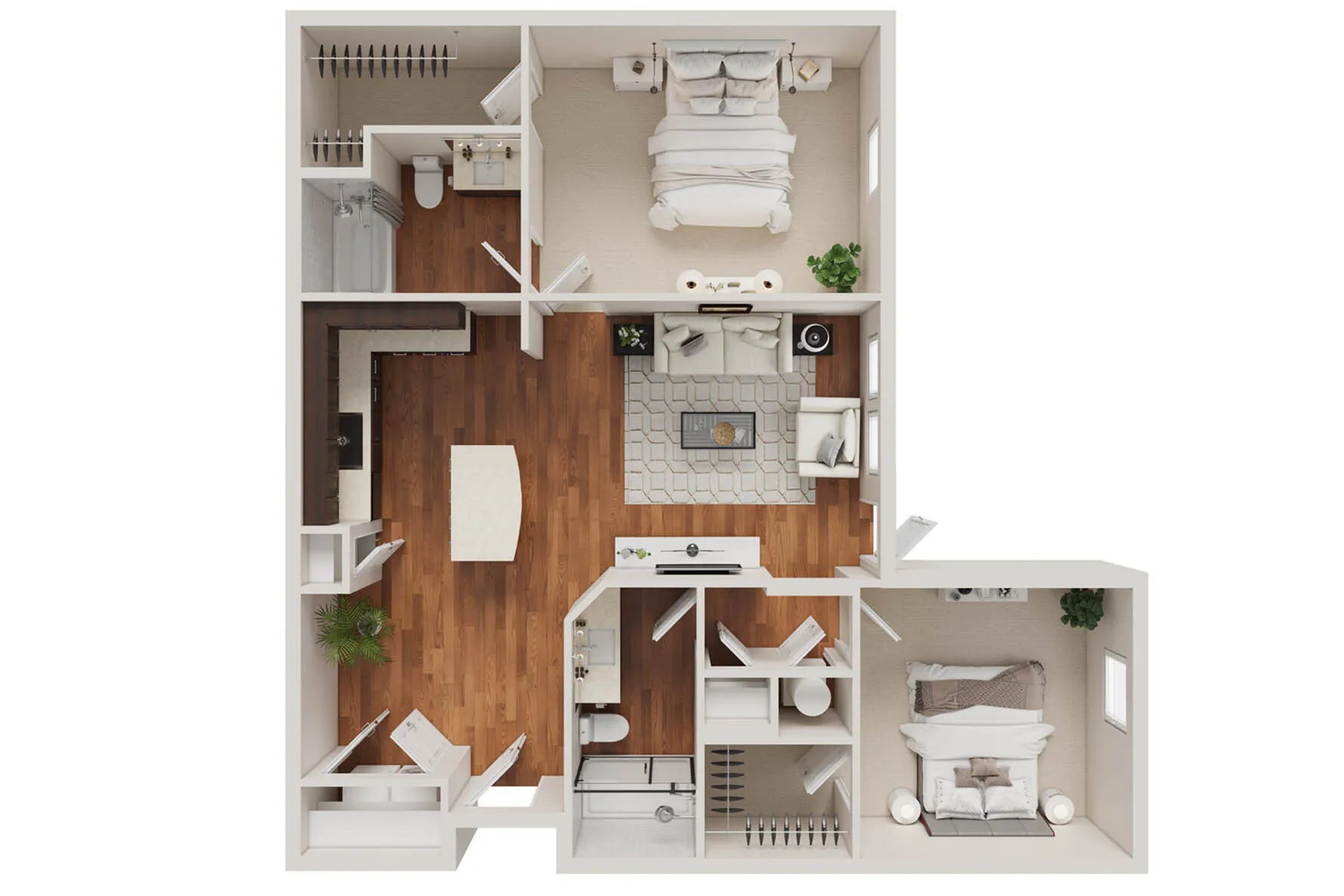 Modern 2D floor plan showcasing 2 spacious bedrooms, cozy living area, stylish kitchen, and elegant bathrooms with wooden flooring and ample natural light.