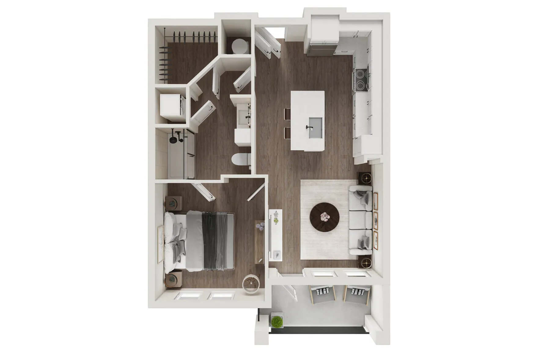 Elegant floor plan showcasing a modern one-bedroom apartment with an open-concept kitchen, cozy living area, and private balcony.