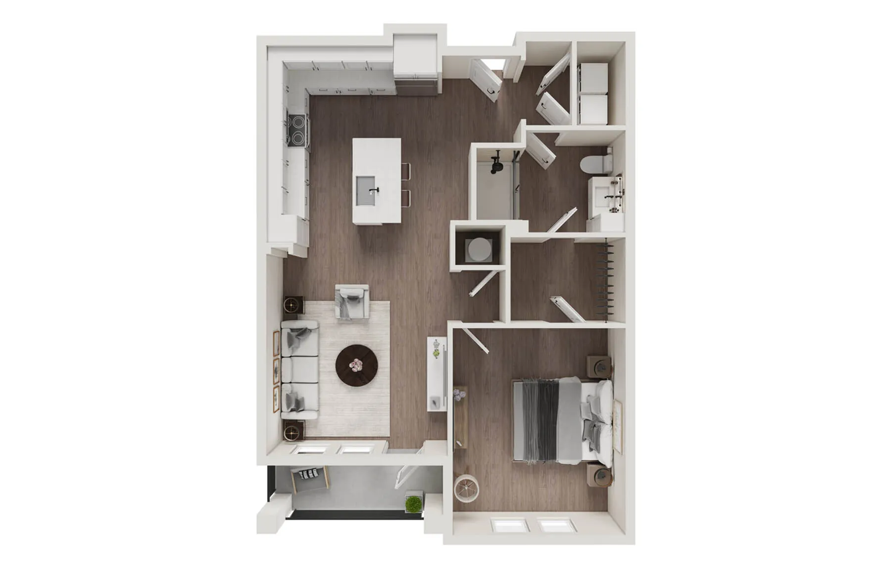 Modern 1-bedroom apartment floor plan featuring open-concept living area, sleek kitchen with island, and elegant bathroom.