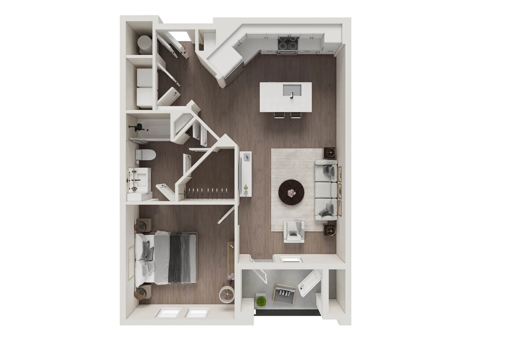 Modern floor plan showcasing an elegant 1-bedroom apartment with spacious open-layout kitchen and living area.