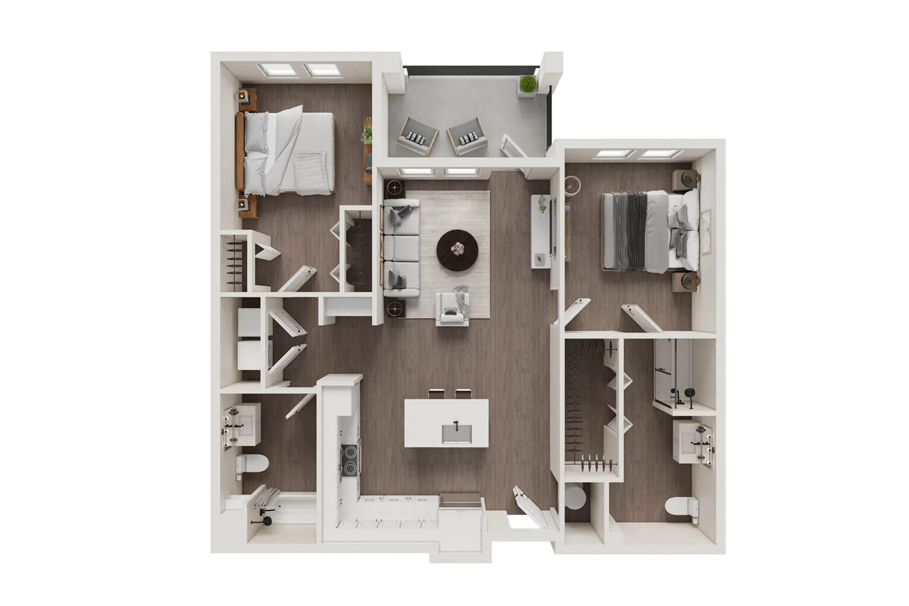 Modern 2D floor plan showcasing 2 bedrooms, an inviting open living area, elegant kitchen, and charming balcony.