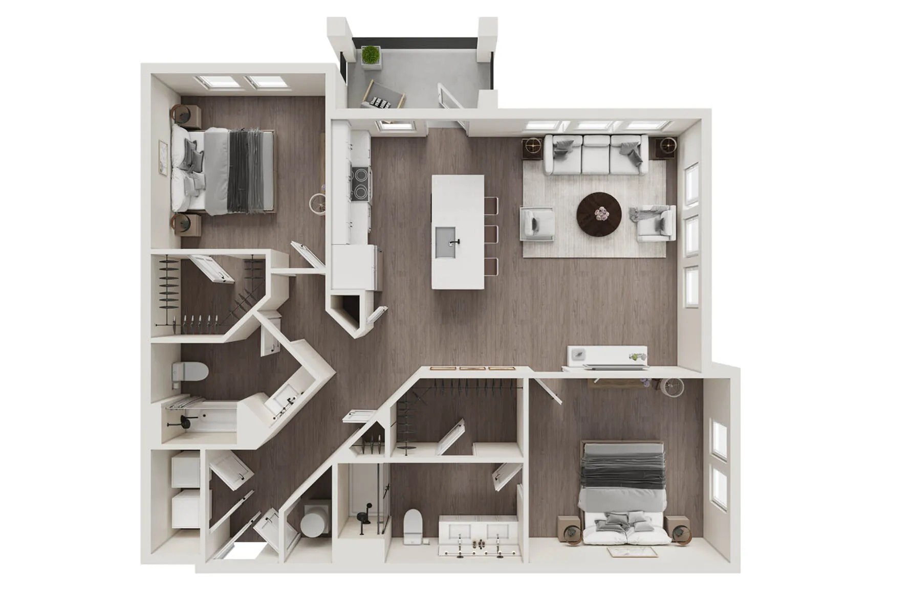 Modern 3D floor plan showcasing an open-concept living area with two bedrooms, a stylish kitchen, and cozy living room space.