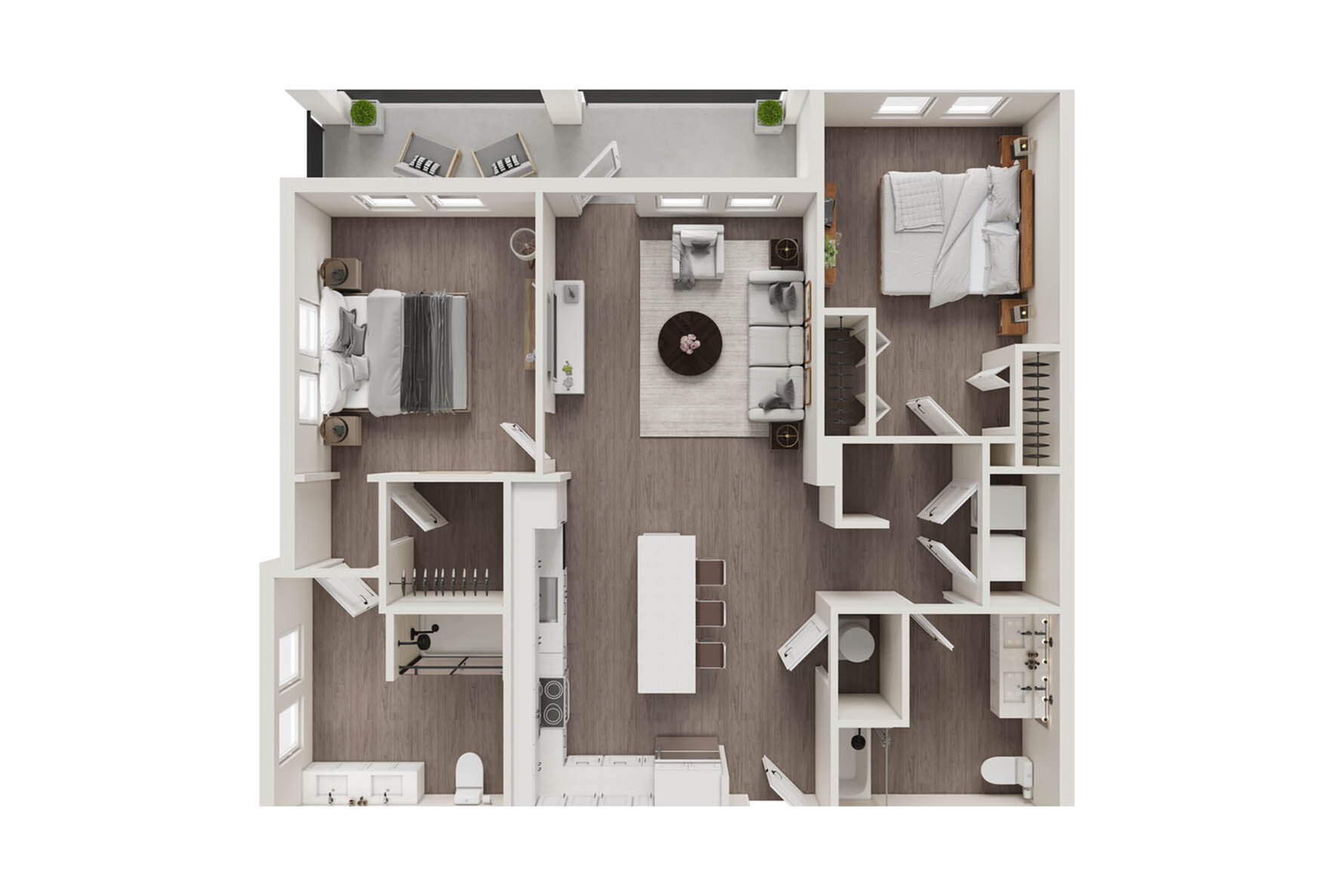 Modern and inviting 2D floor plan showcasing two spacious bedrooms, an elegant living room, and a sleek kitchen with an island. Perfect for contemporary living.