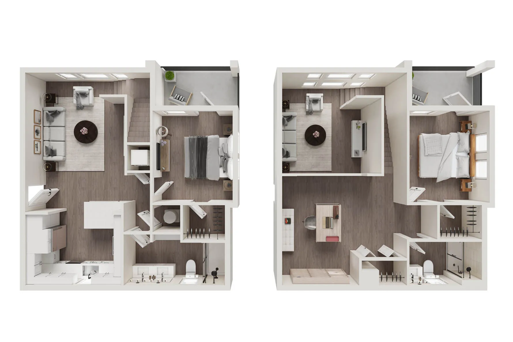 Elegant 2D floor plan showcasing a two-level apartment with two bedrooms, open living space, modern kitchen, and private balconies.