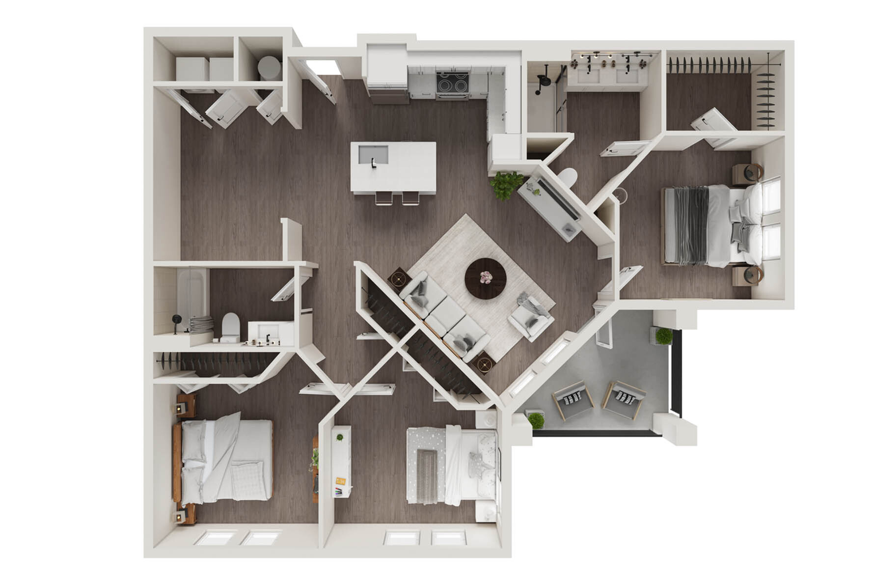 Modern floor plan showcasing 3 bedrooms, open-concept living and dining area, sleek kitchen, and cozy balcony space.