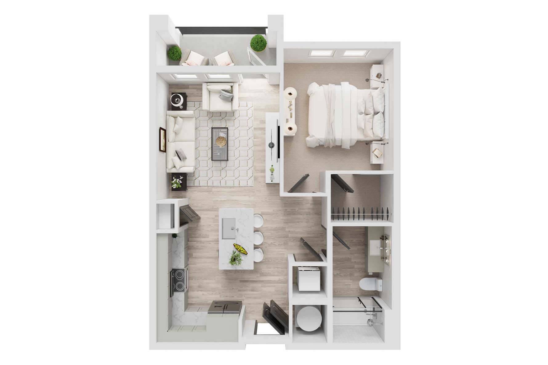 Modern apartment floor plan showcasing 1 bedroom, open-concept living room, sleek kitchen with island, cozy balcony, and stylish bathroom.