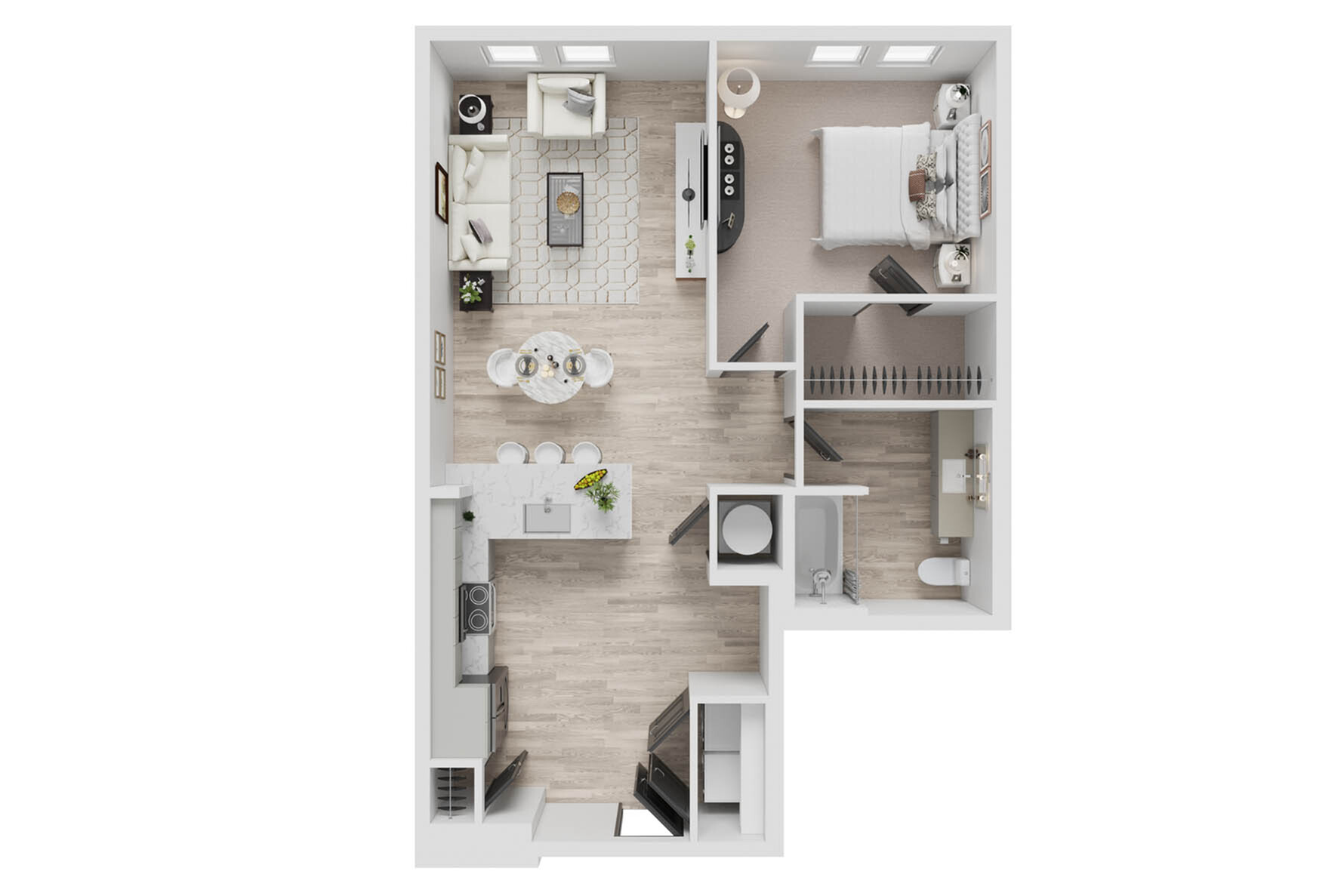 Modern floor plan showcasing an open living area, sleek kitchen, cozy bedroom, and elegant bathroom layout.