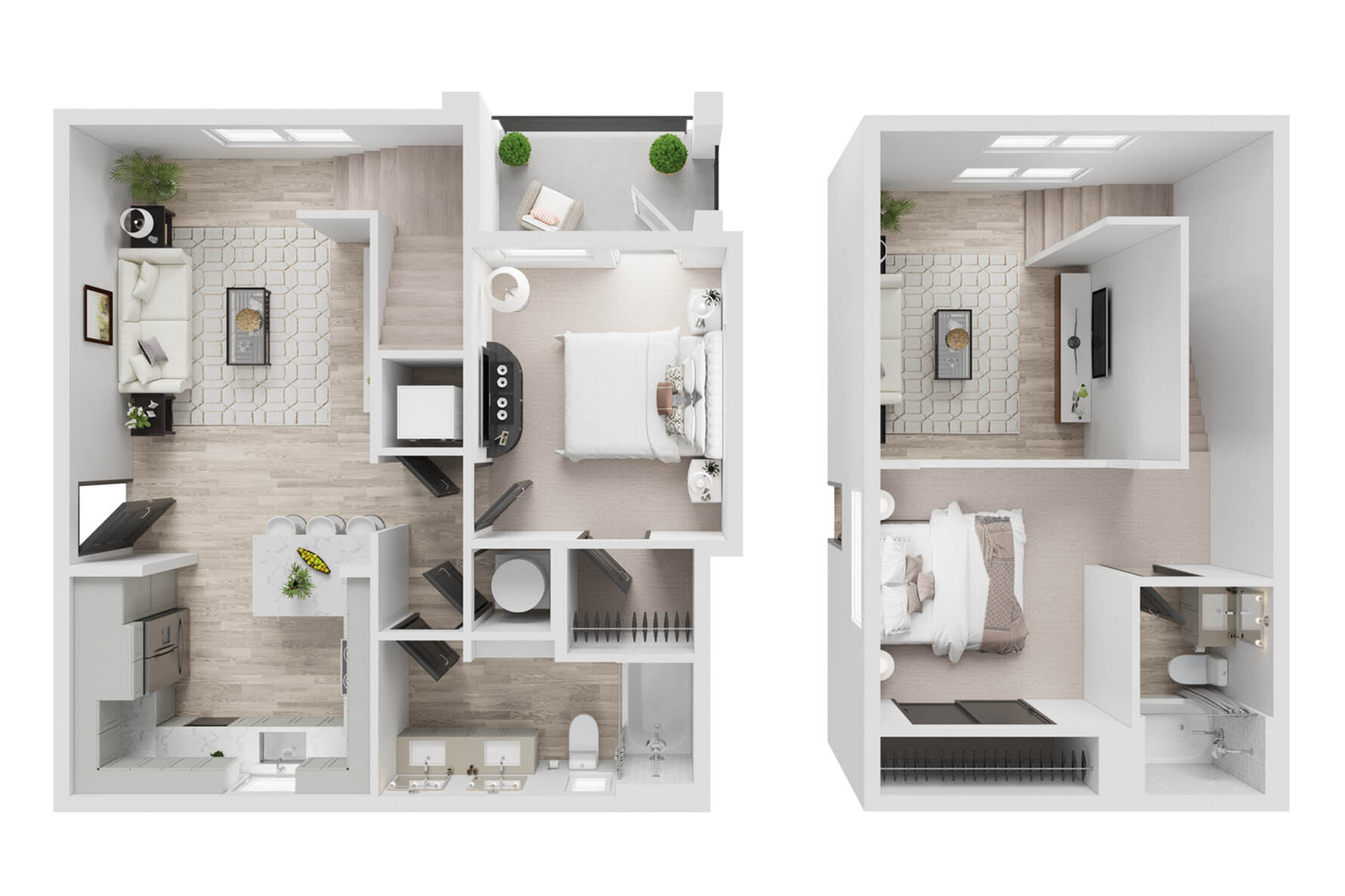 Modern floor plan showcasing a two-level apartment with an elegant living room, open kitchen, and two cozy bedrooms featuring en-suite bathrooms.