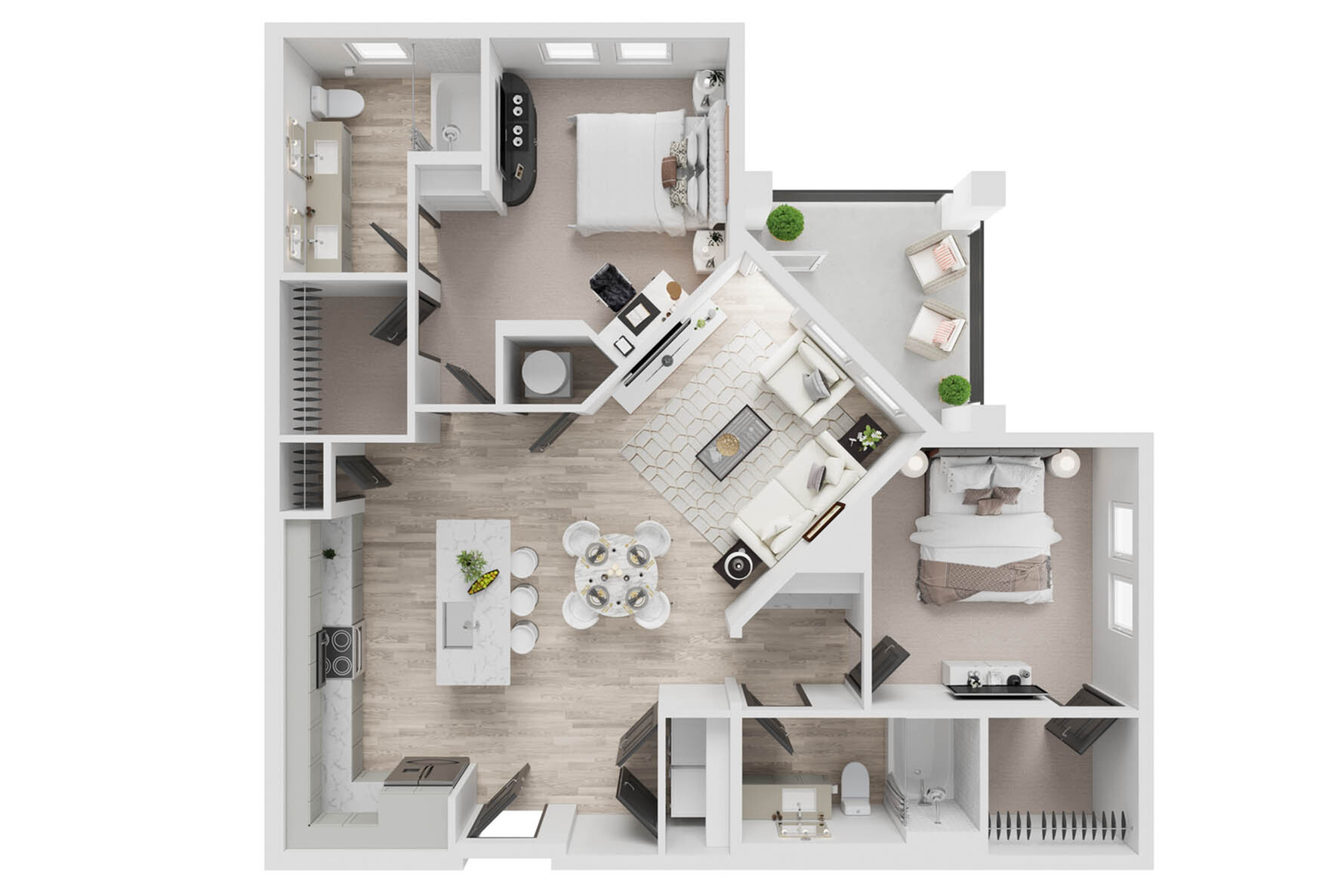 Elegant open-plan apartment floor plan featuring two bedrooms, a chic living room, modern kitchen with island, and a cozy balcony.