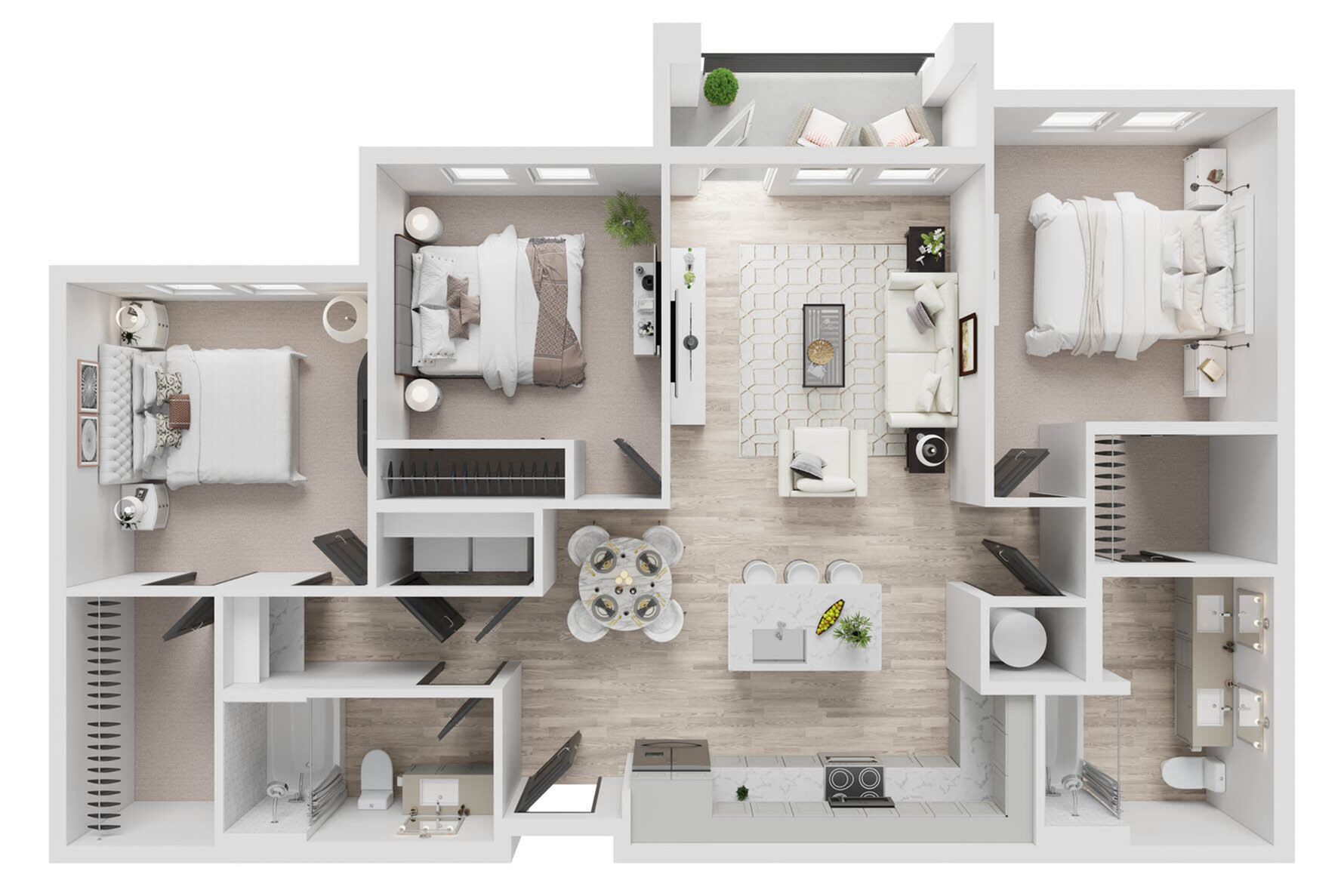 Contemporary 2D floor plan illustrating a chic apartment layout with two cozy bedrooms, an elegant open-concept living and dining area, modern kitchen, and private balcony.