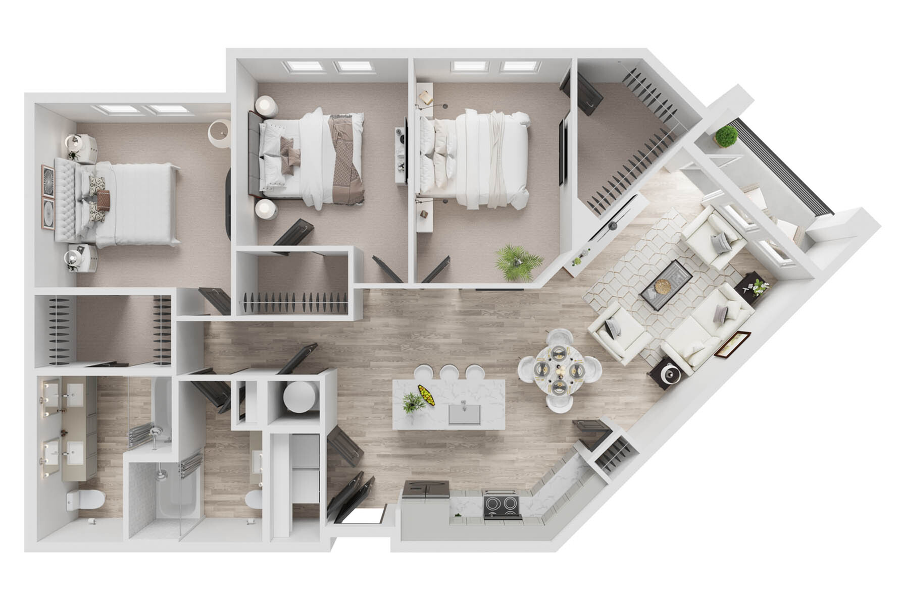 Elegant 3D floor plan highlighting 3 spacious bedrooms, modern open-plan living area, gourmet kitchen, and chic furnishings.