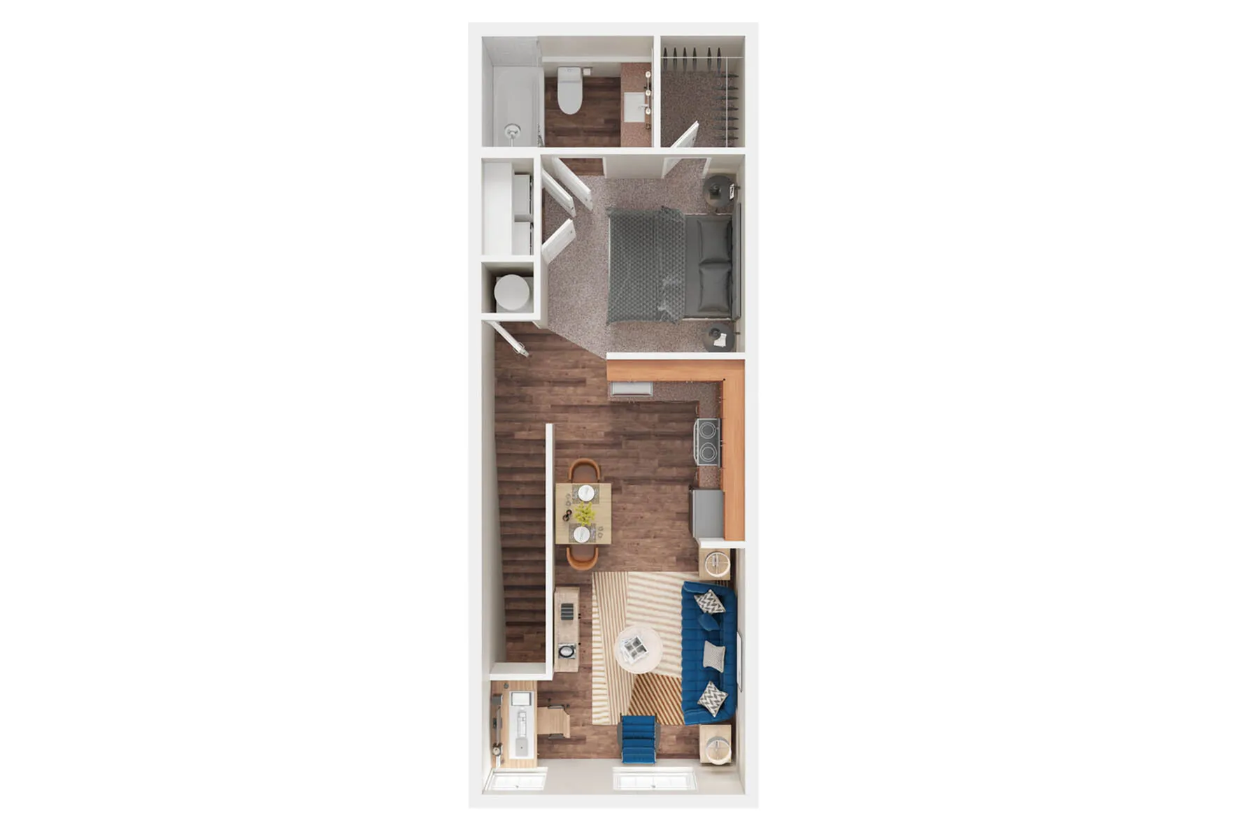 Modern 1-bedroom apartment floor plan with cozy living area, sleek kitchen, stylish bathroom, and elegant hardwood floors.