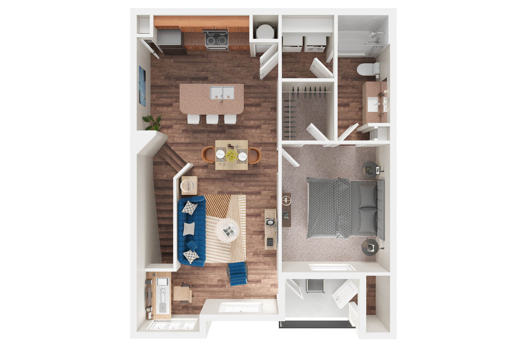 Contemporary floor plan showcasing one bedroom, open living area with a stylish kitchen, and modern bathroom design.