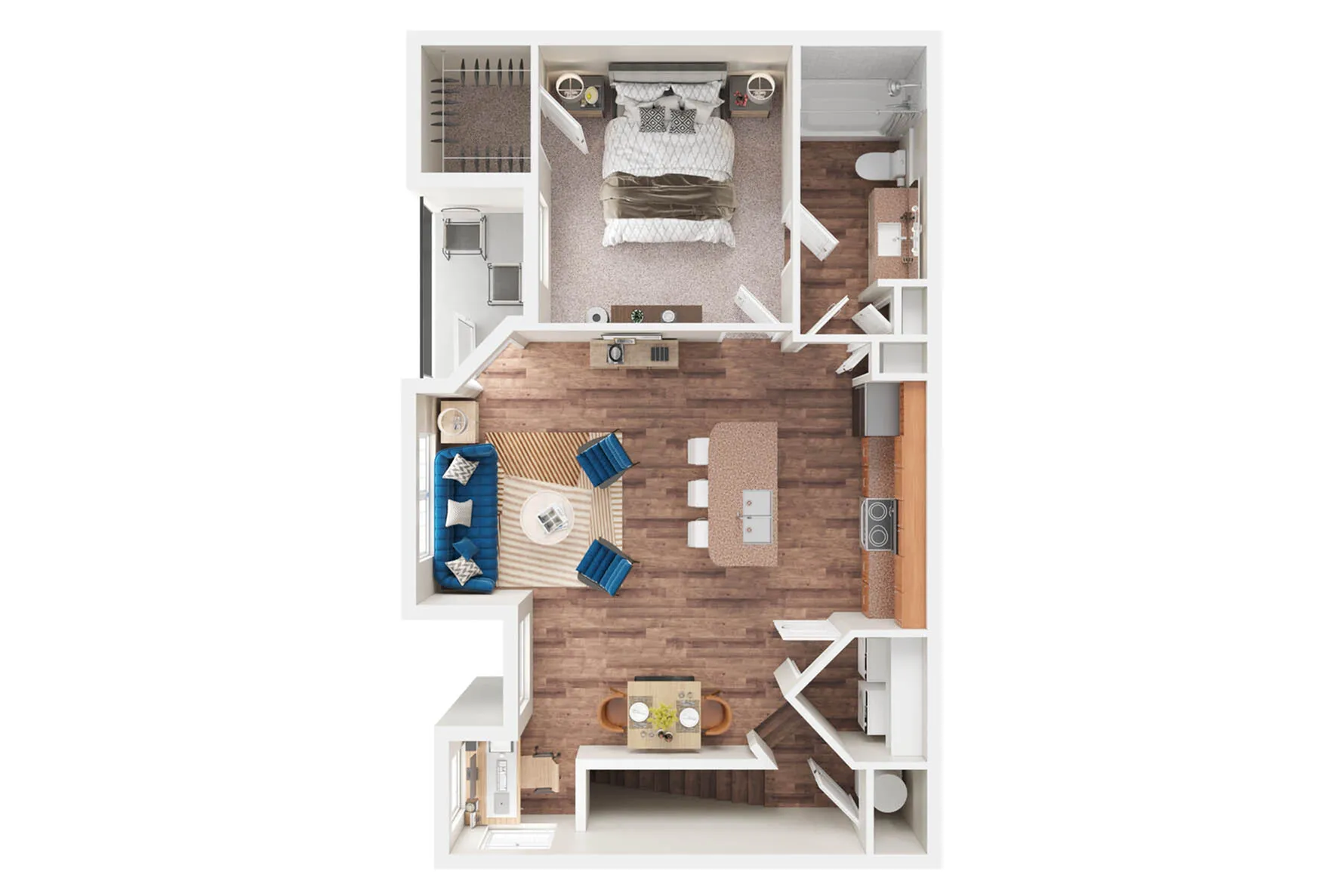 Modern floor plan featuring a spacious bedroom, open-concept living and dining area, and a sleek kitchen with an island.