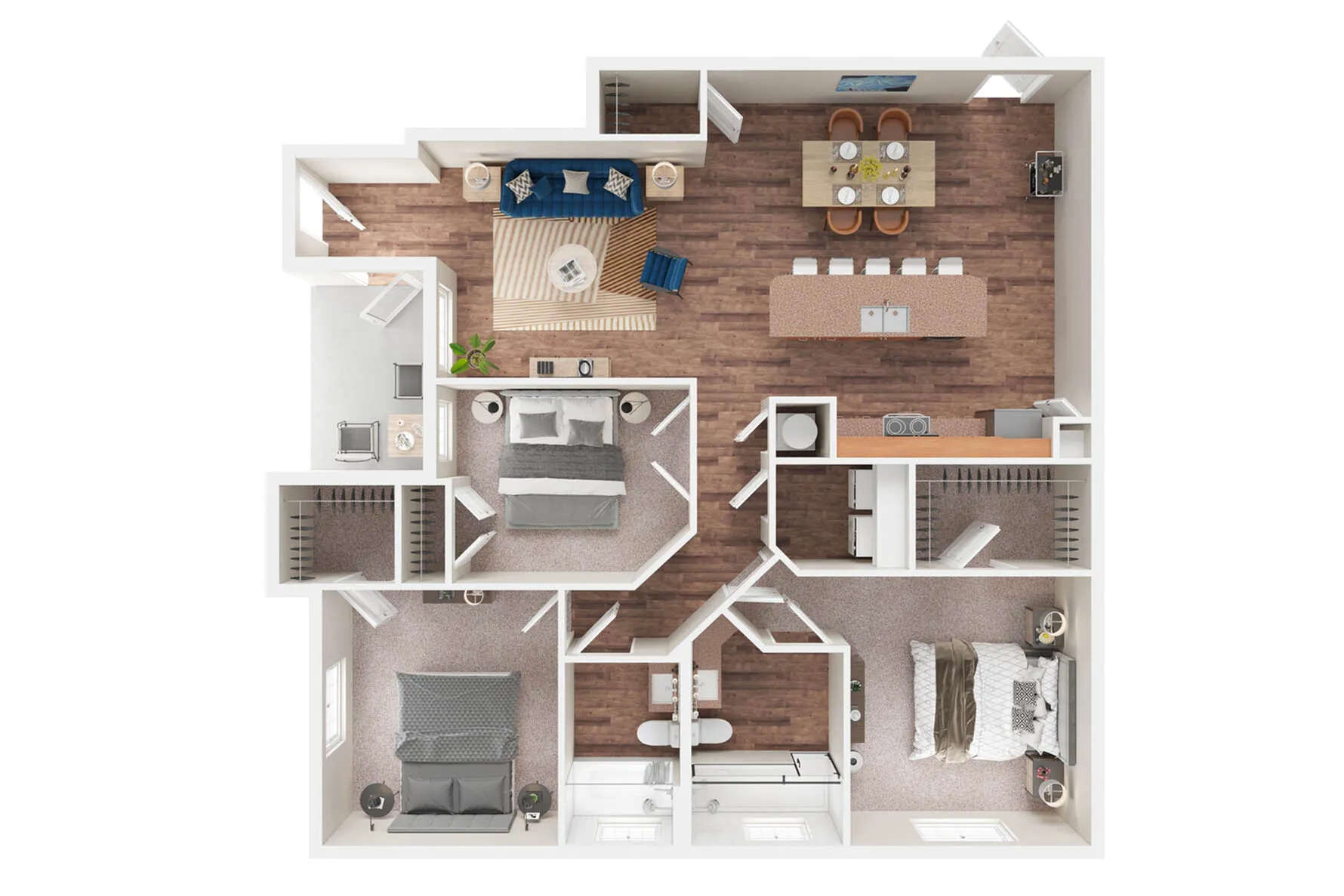 Modern 2D apartment floor plan showcasing an open living area, three cozy bedrooms, a sleek kitchen island, and elegant dining space.