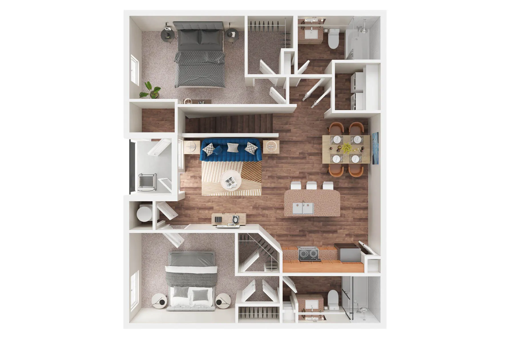 Chic 2D floor plan showcasing 3 bedrooms, open-concept living and dining area, modern kitchen with island, and two sleek bathrooms.