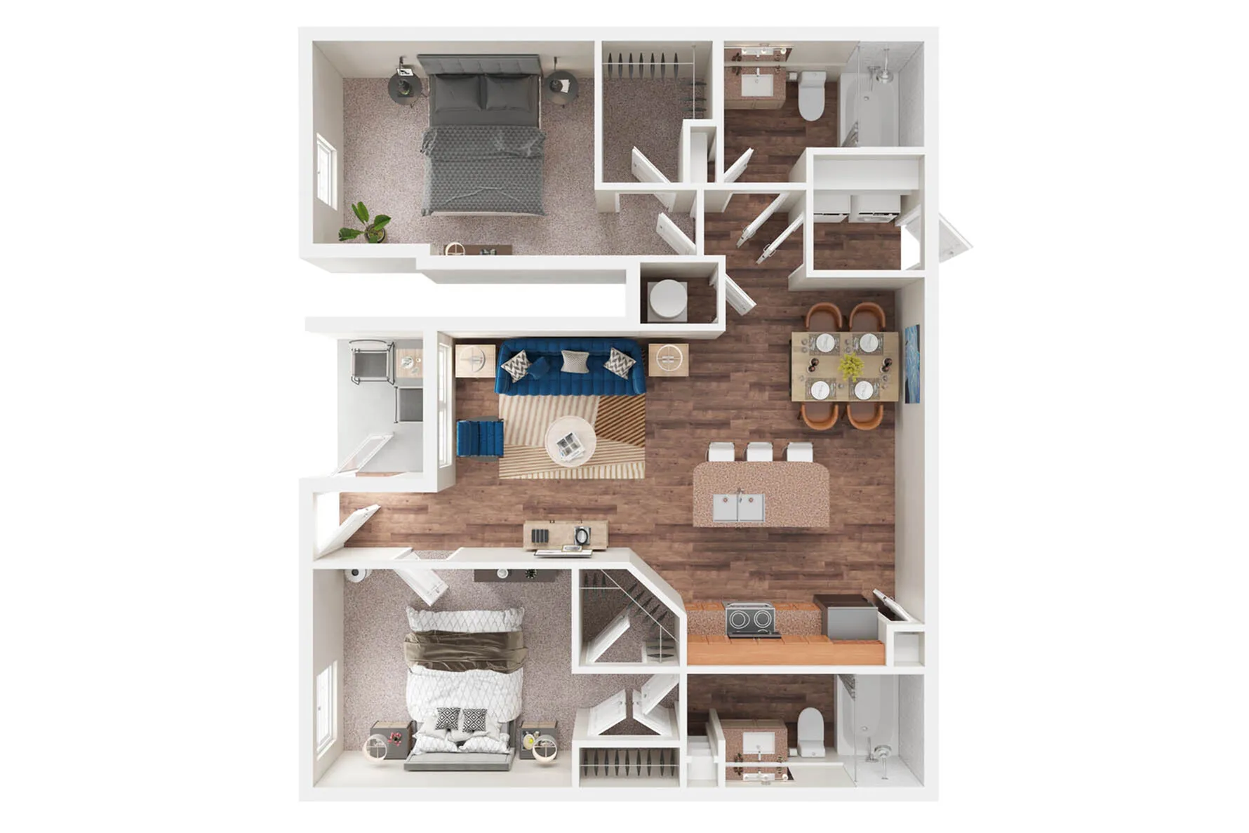 Modern 2D floor plan showcasing 2 bedrooms, open-concept living area, and contemporary kitchen with dining space.