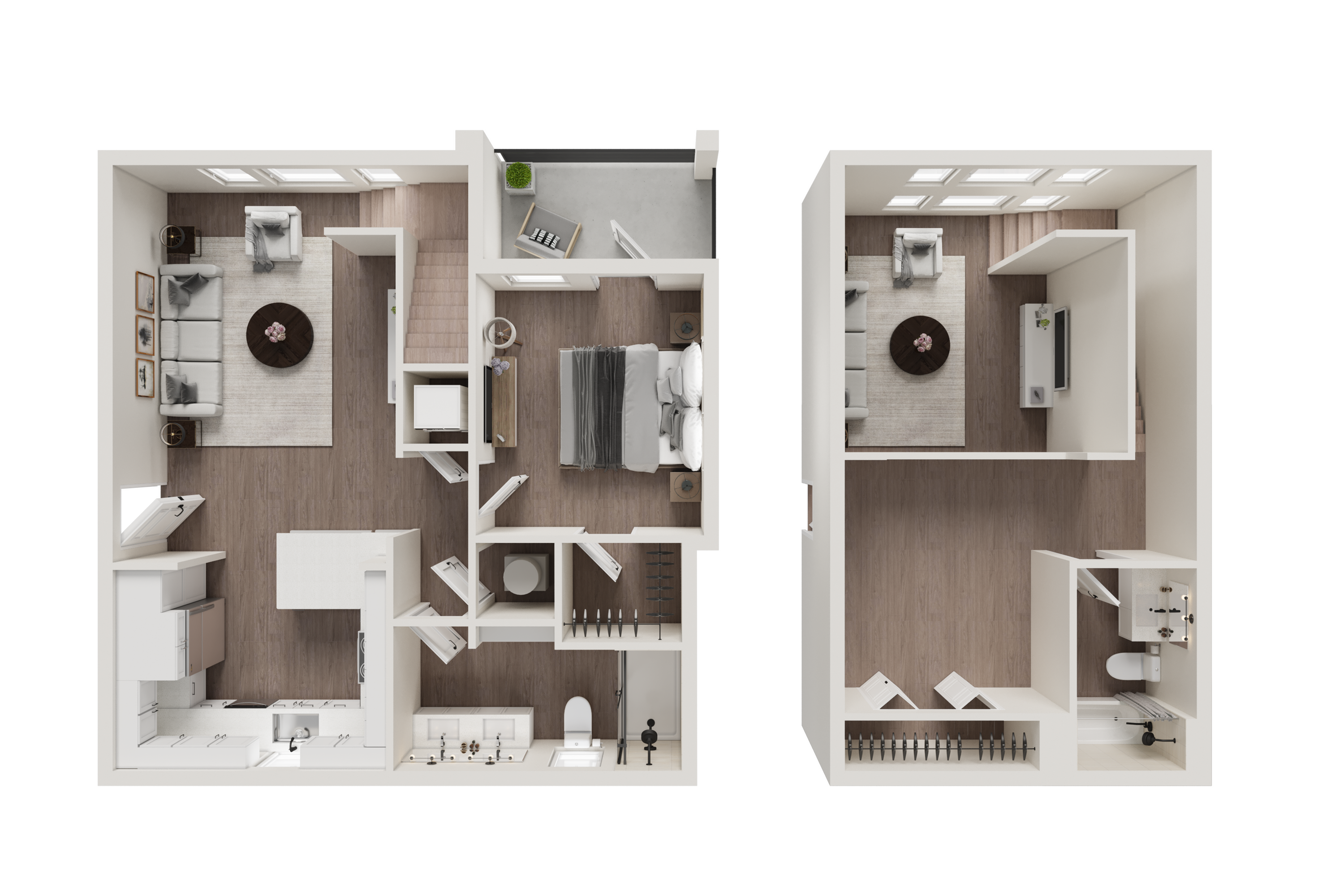 Modern two-story apartment floor plan with luxurious bedroom, spacious living area, and stylish kitchen design.