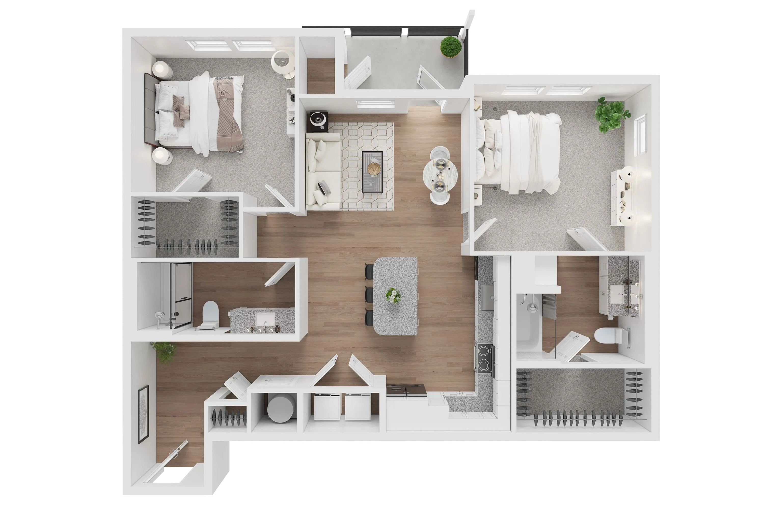 Modern apartment floor plan showcasing 2 spacious bedrooms, an open-concept living and dining area, a sleek kitchen with an island, and 2 elegant bathrooms.