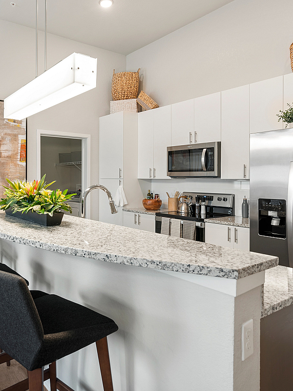 Elegant modern kitchen with sleek stainless steel appliances, granite countertops, and stylish bar seating. Adjacent cozy bedroom offers seamless flow and charm.