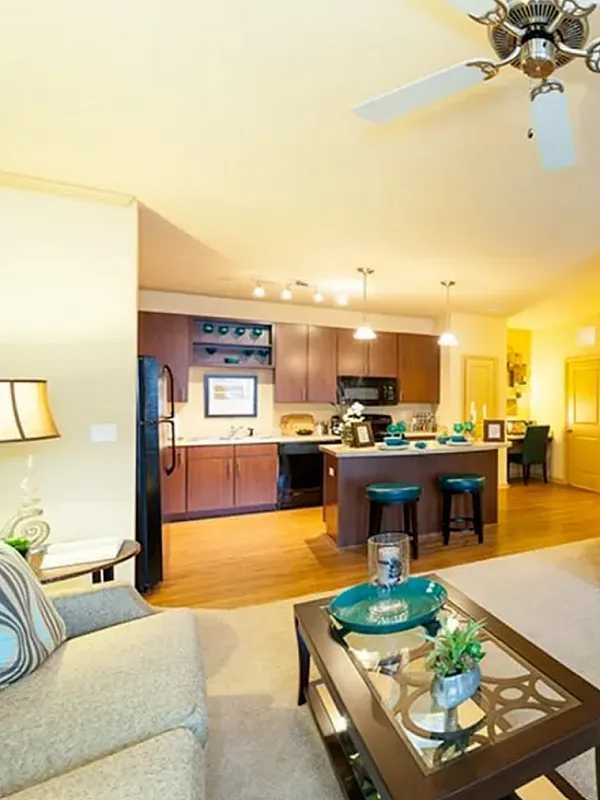 Bright and contemporary apartment interior showcasing an open-concept living room with modern kitchen, elegant furnishings, and cozy seating area.