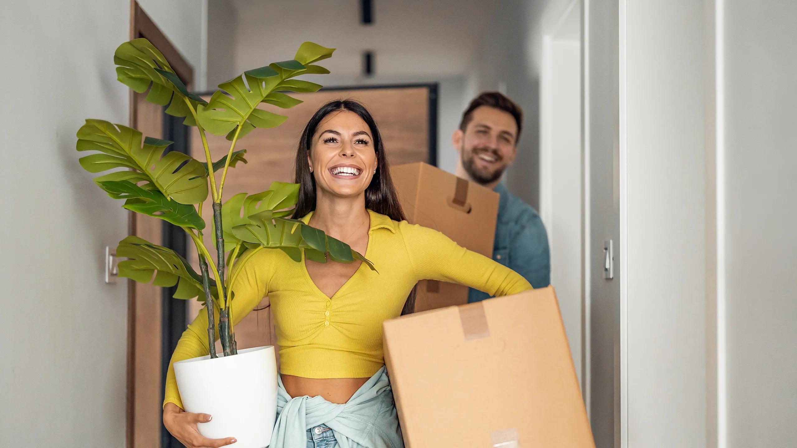 Cheerful couple moving into their new apartment, carrying boxes and a vibrant green plant, symbolizing fresh beginnings and home happiness.