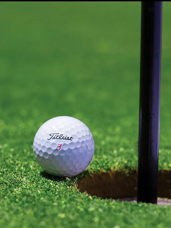 Close-up of a pristine golf ball resting on the edge of a hole on a lush green golf course.
