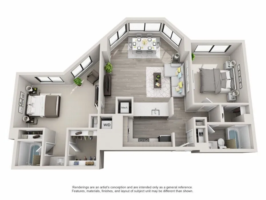 Elegant 3D floor plan showcasing a modern apartment with 2 spacious bedrooms, an open living and dining area, and a sleek kitchen. The design includes ample natural light and contemporary finishes.