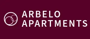 Arbelo Apartments logo with modern design and elegant maroon background.