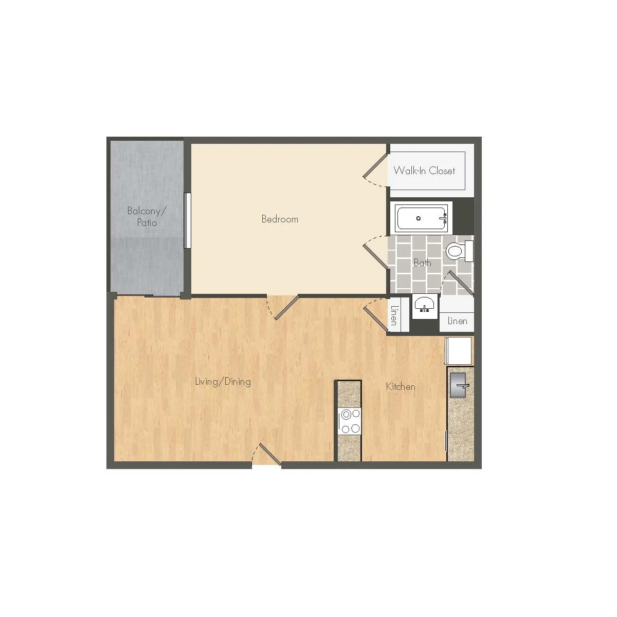 Chic 1-bedroom apartment floor plan with open living/dining area, kitchen, bathroom, and balcony.