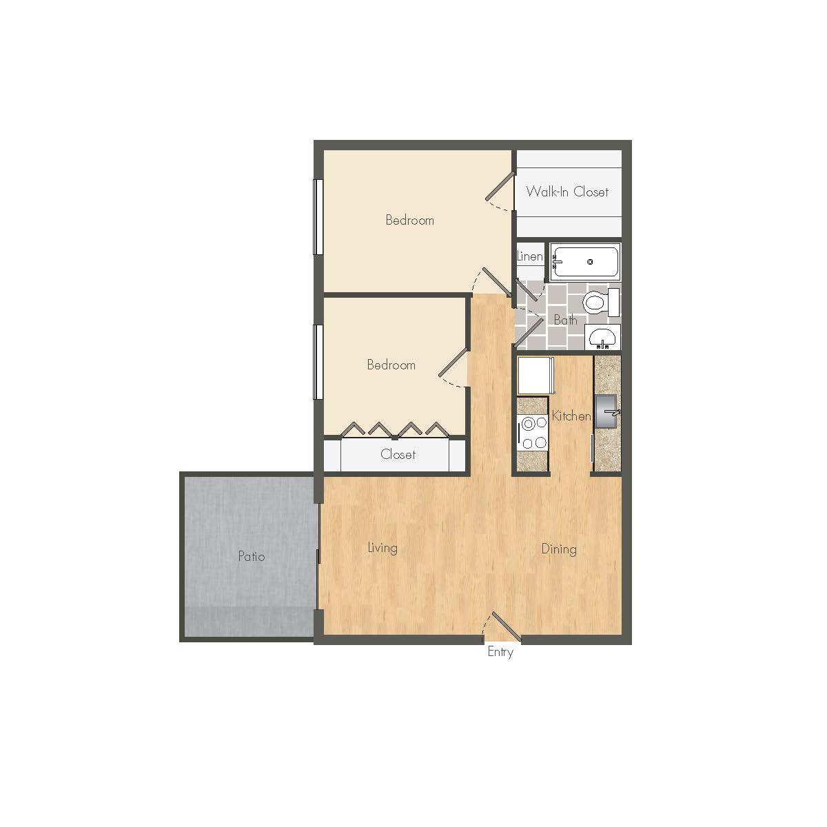 Elegant floor plan illustrating 2 bedrooms, open living and dining area, and modern kitchen.