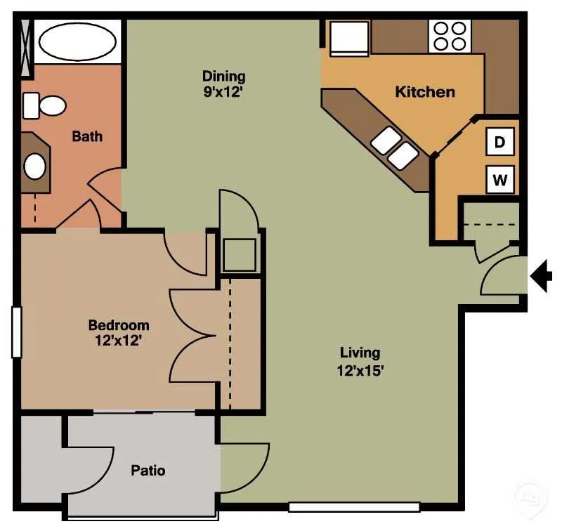 2D floor plan of a cozy apartment with 1 bedroom, open living area, kitchen, and private patio.
