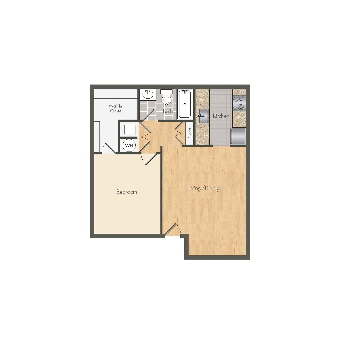 Efficient one-bedroom floor plan with a spacious living and dining area, and a modern kitchen.