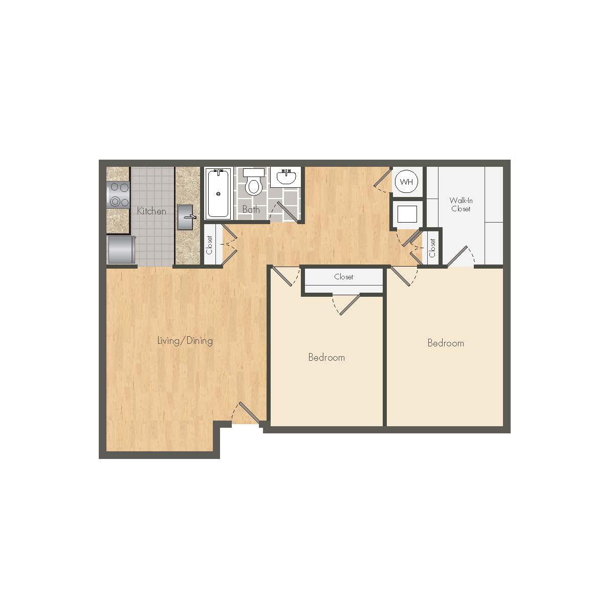 Chic floor plan showcasing 2 bedrooms, an open living and dining area, kitchen, and bathroom with modern design.