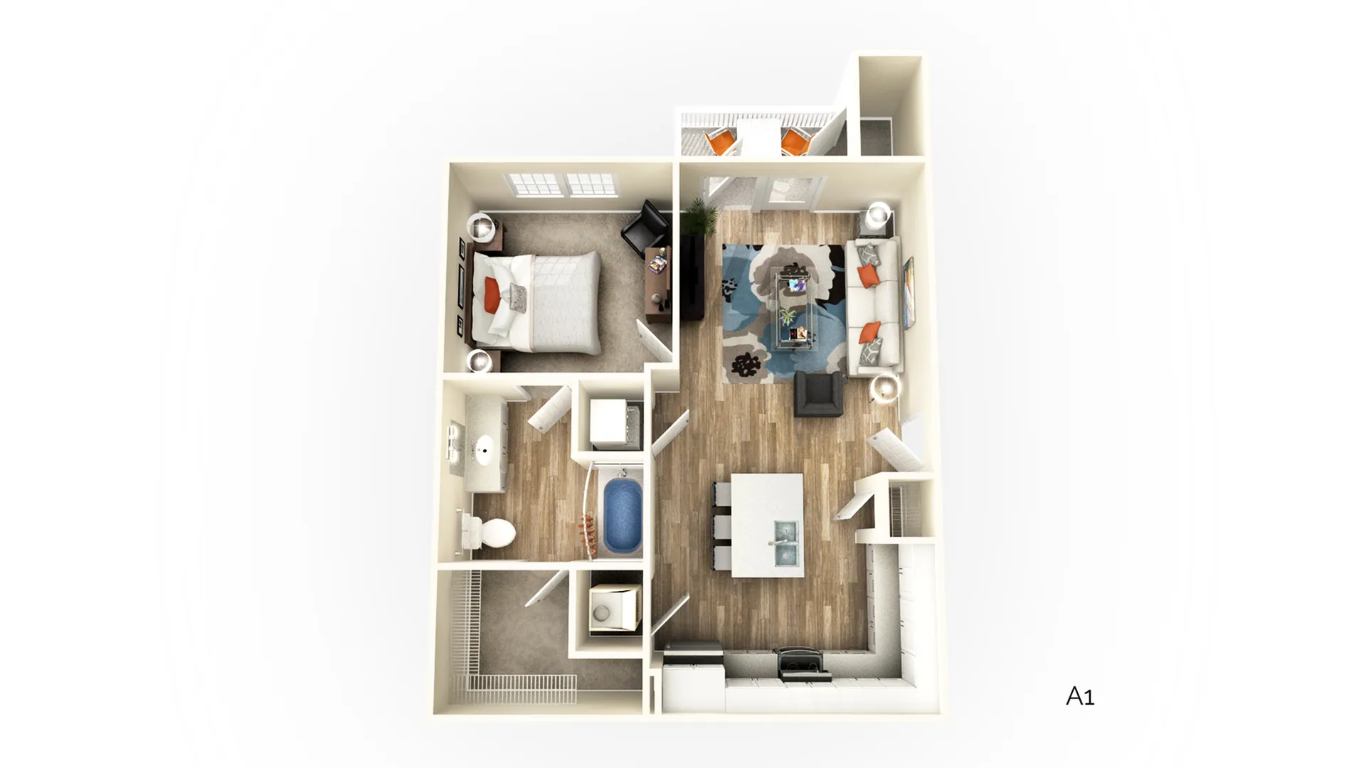 3D floor plan of a one-bedroom apartment with modern living space and open-concept kitchen.