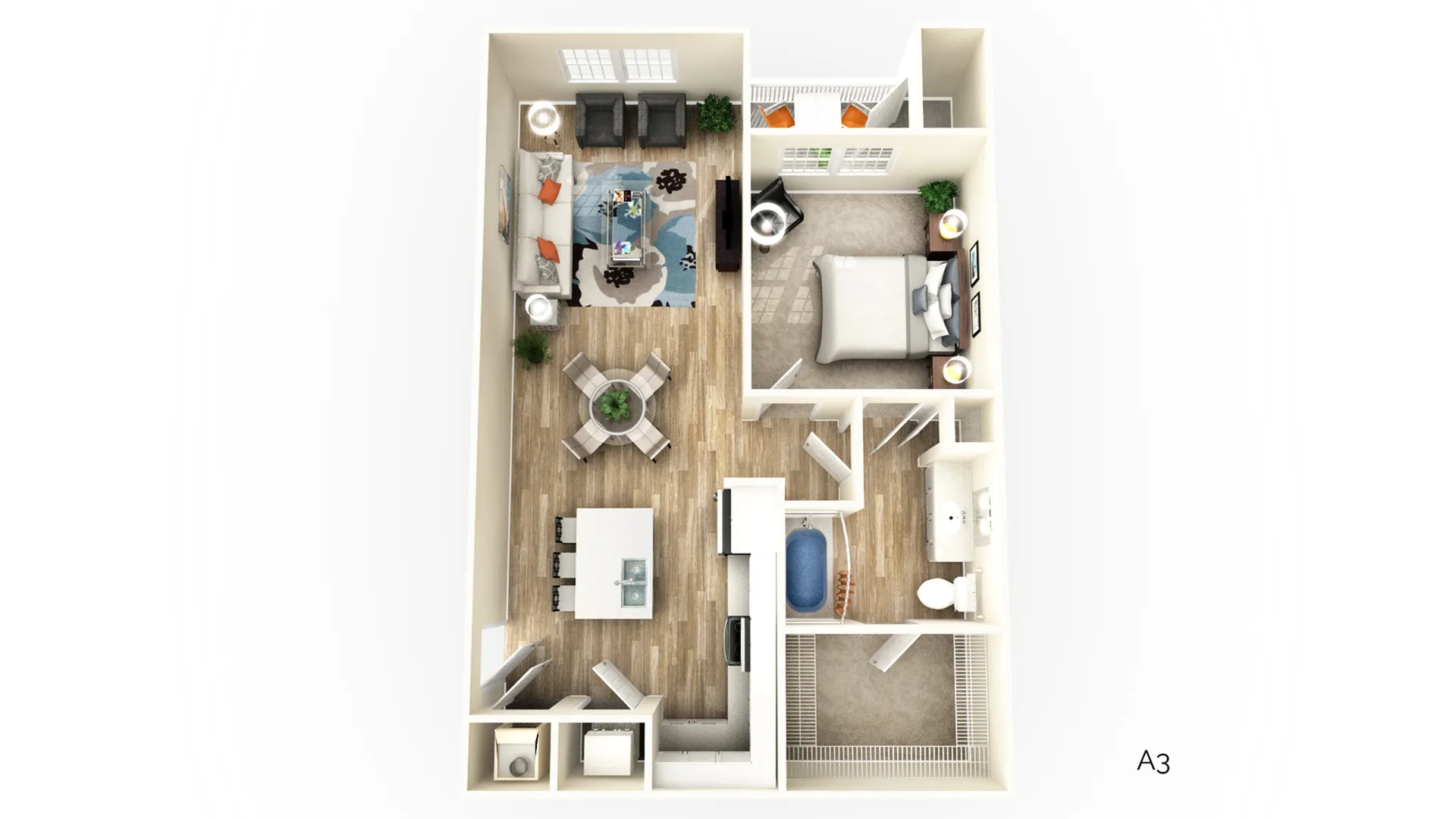 Elegant 3D floor plan showcasing a spacious 1-bedroom apartment with open living area, modern kitchen, and inviting balcony.