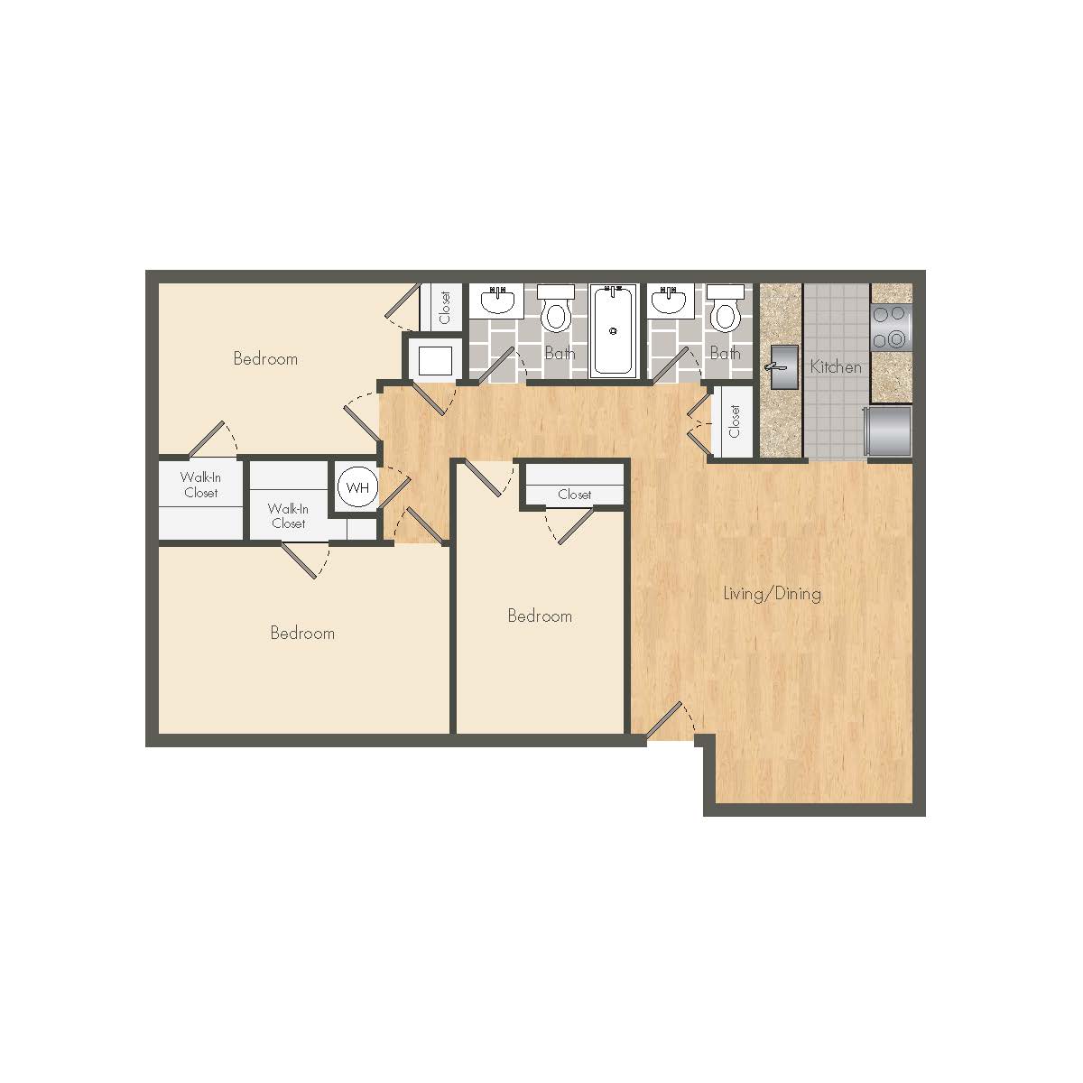Modern 3-bedroom floor plan featuring a large living/dining area, walk-in closets, and a functional kitchen.