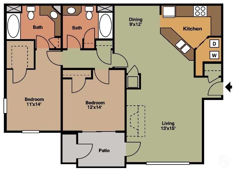 Sophisticated floor plan with 2 bedrooms, dual bathrooms, modern kitchen, and inviting patio.