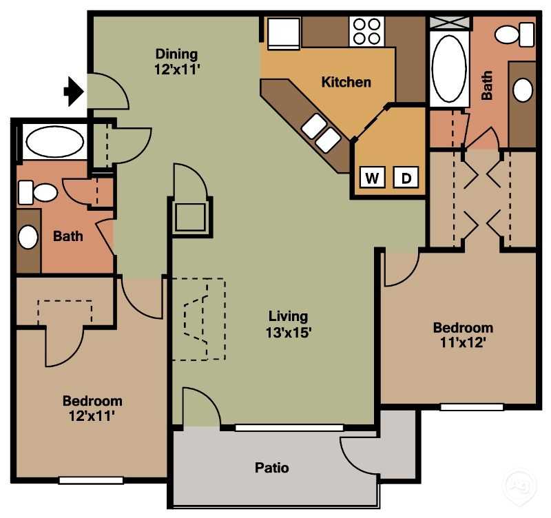 Floor plan of a cozy apartment with 2 bedrooms, 2 baths, spacious living area, and modern kitchen, featuring a patio.