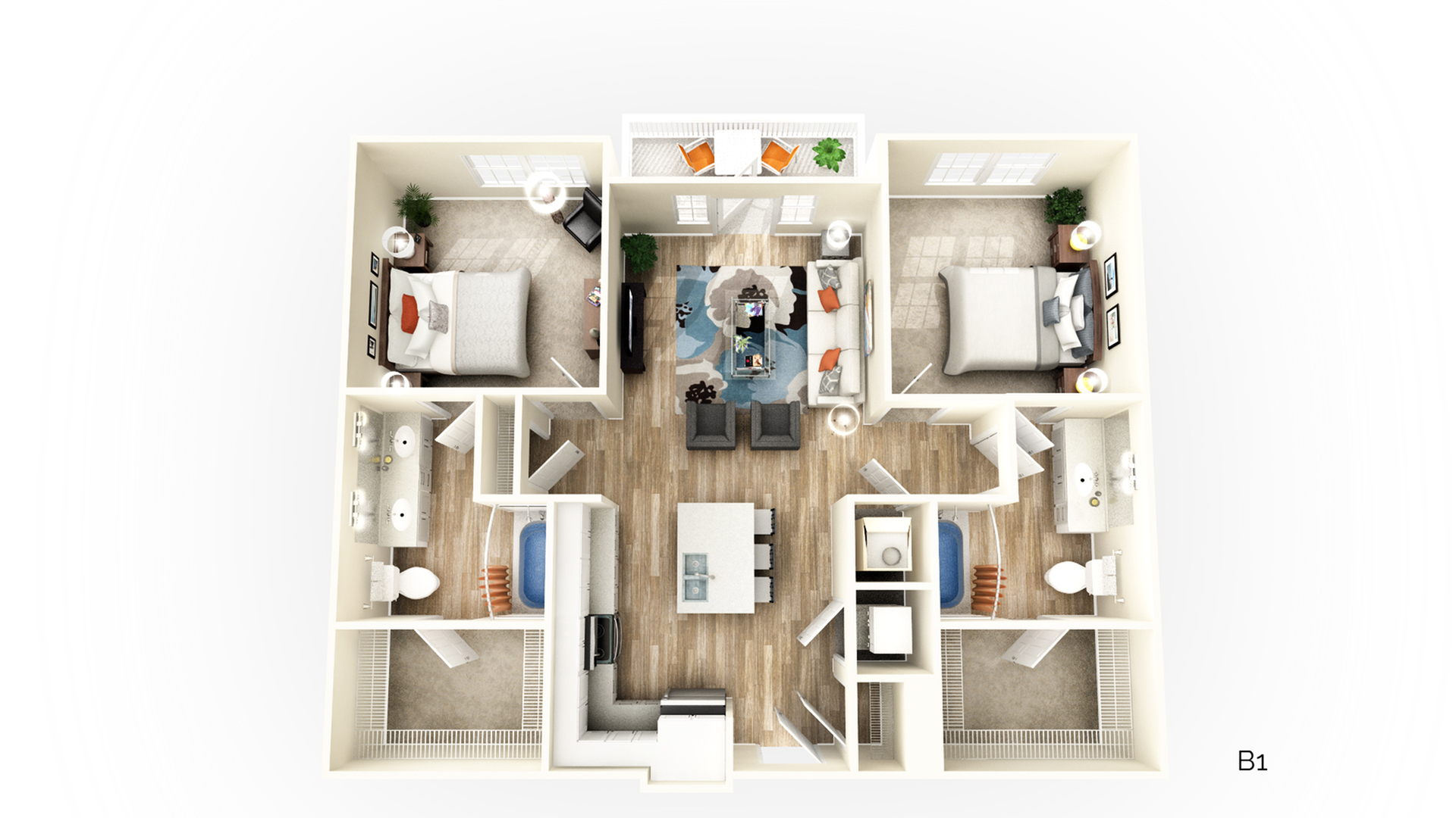 Chic 3D floor plan featuring two bedrooms, an open living area, a modern kitchen, and private balconies.