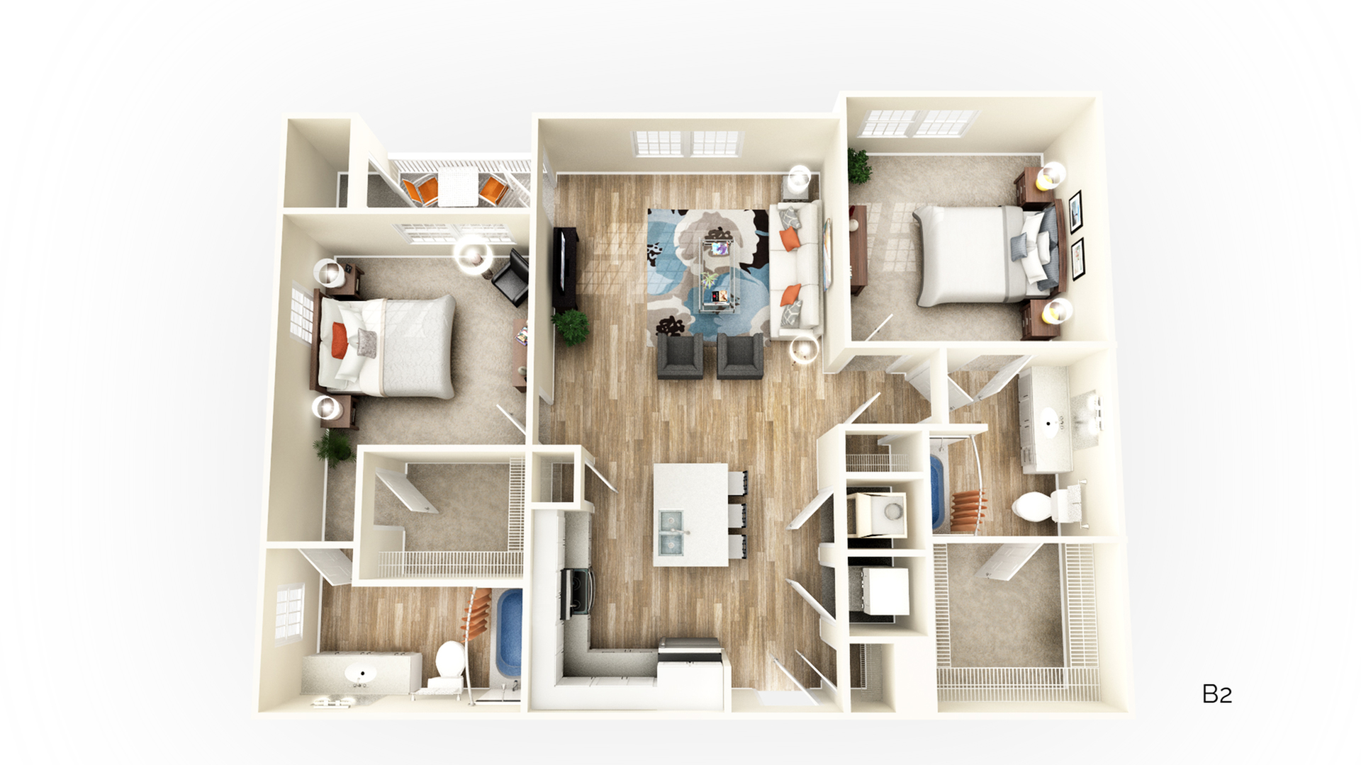 Detailed 3D floor plan showcasing two bedrooms, a spacious living room with elegant decor, and a modern kitchen.
