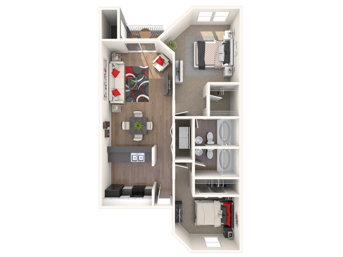 Modern apartment floor plan with 2 cozy bedrooms, stylish living area, sleek kitchen, and a balcony view.