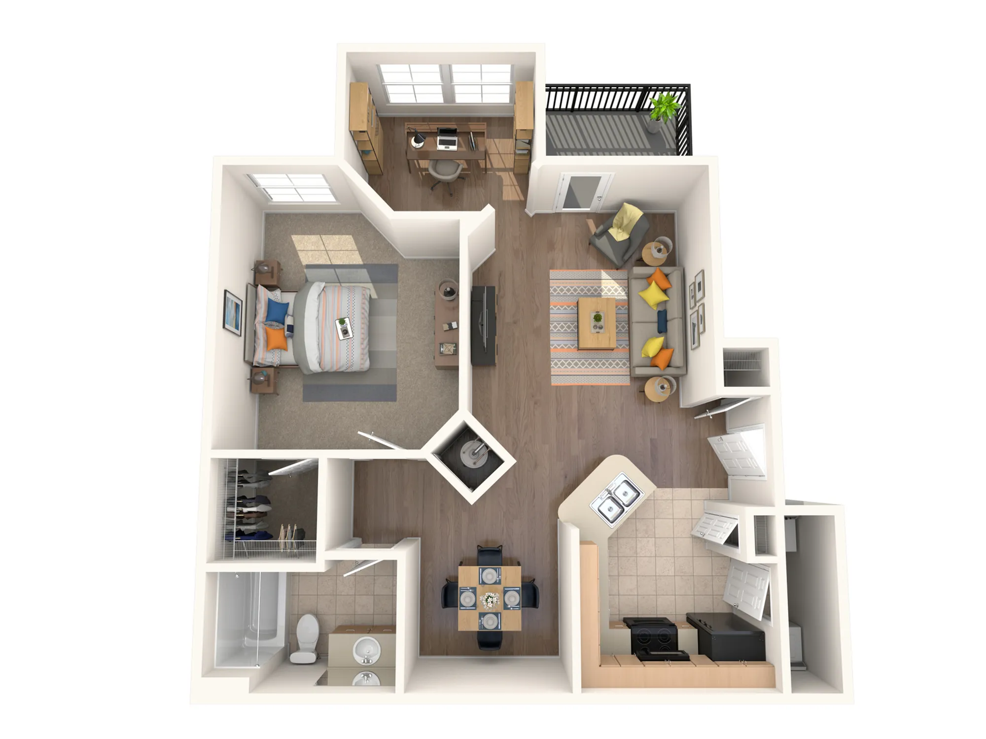 Modern 2D floor plan showcasing a cozy one-bedroom layout, featuring an inviting open-plan living and dining area, compact kitchen, and a serene balcony.