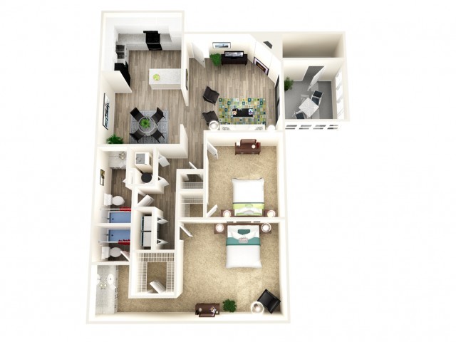 Chic 3D floor plan featuring 2 bedrooms, a modern kitchen, open concept living area, and cozy outdoor patio.