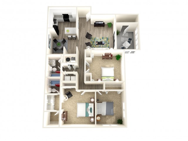 Modern 3D floor plan showcasing a cozy two-bedroom apartment with a spacious open-concept living area and kitchen.